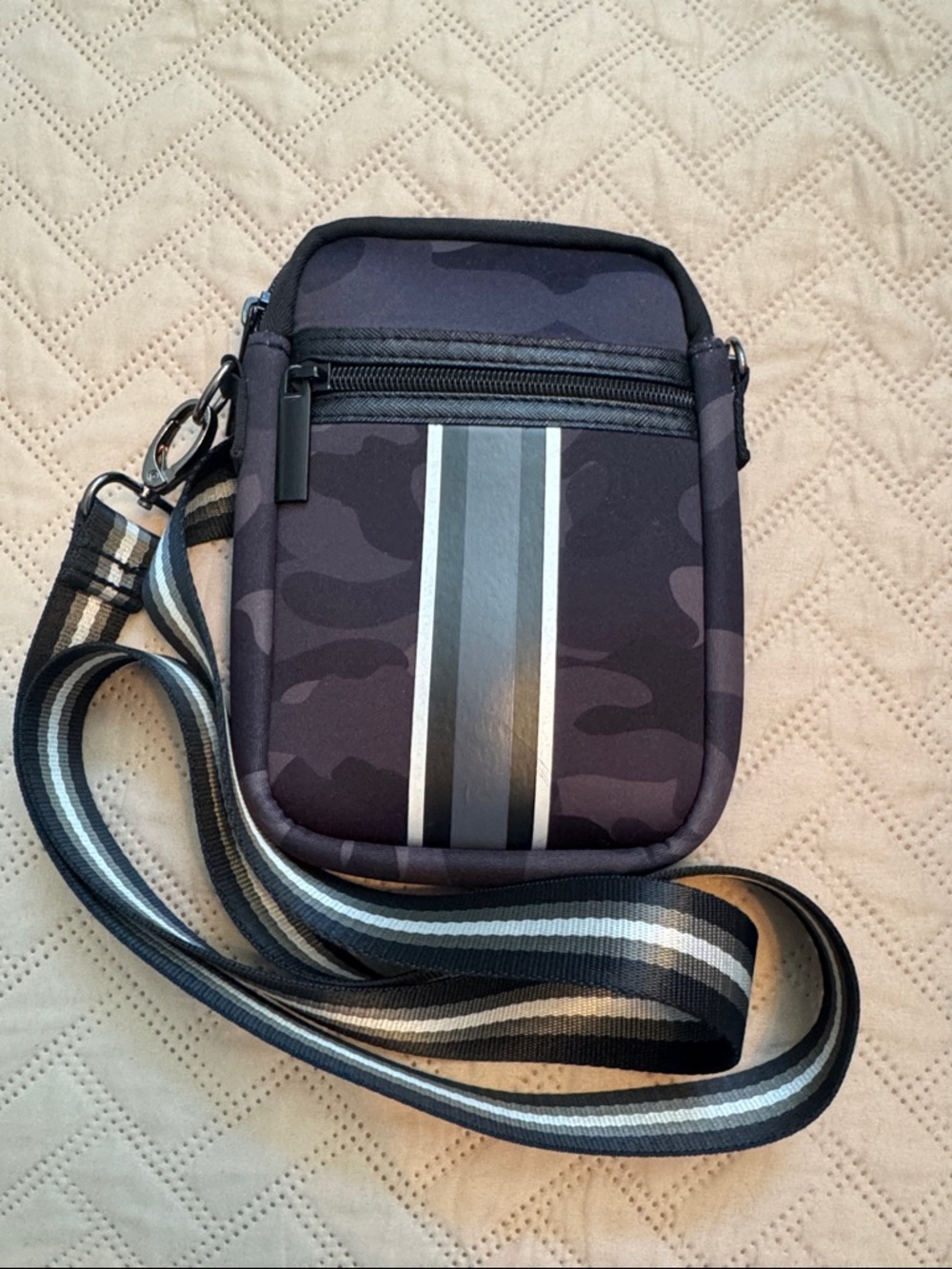 Black Camo Crossbody neoprene Bag with Striped Detail